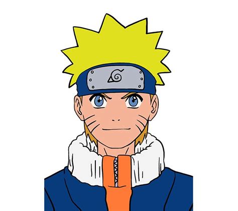 The Character Naruto Is Wearing An Orange Shirt And Blue Jacket With White Collar