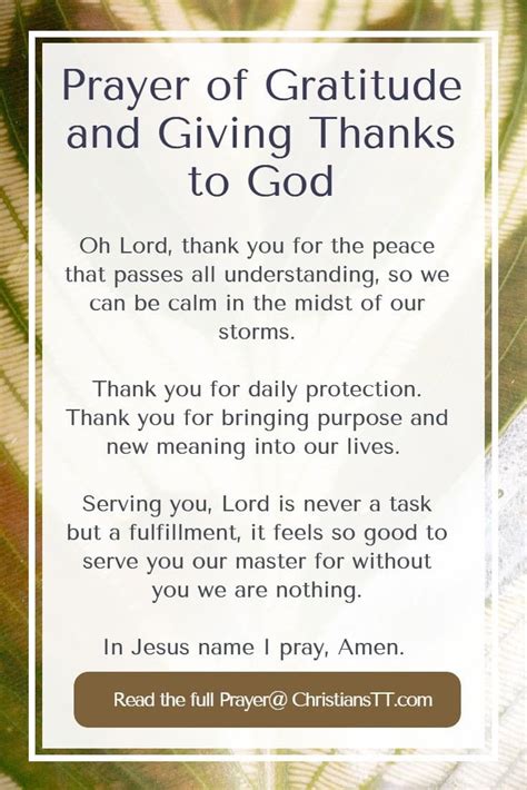 A Prayer Card With The Words Prayer Of Gratitude And Giving Thanks To God