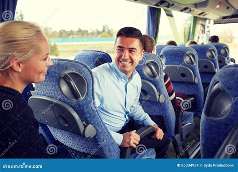 Group Of Happy Passengers In Travel Bus Stock Photo Image Of Flirt