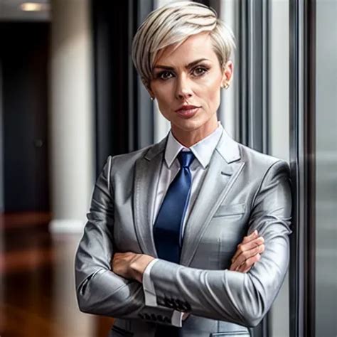 dopamine girl solo office luxury business attire angry staring crossed arms fit dyke