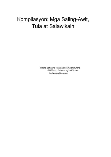 Solution Kompilasyon Ng Mga Saling Awit Tula At Salawikain Studypool