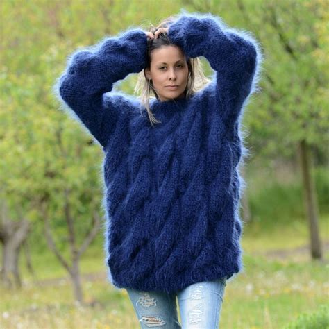 Hand Knitted Mohair Sweater Fuzzy Blue Crewneck Soft Pullover