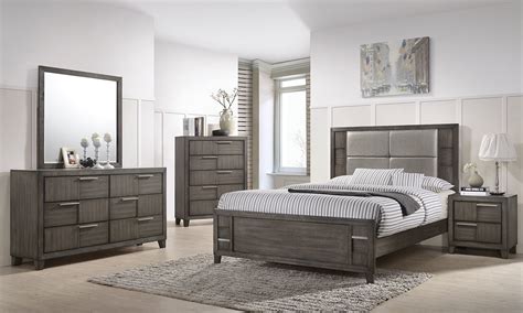 This bedroom set includes a 2 door wardrobe/cupboard, a 4 drawer chest of drawers, and a 1 drawer bedside table. Denton 5-Piece Queen Bedroom Set Grey | The Dump Luxe ...