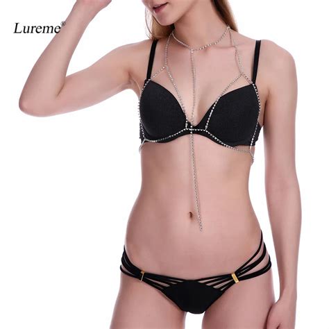 Lureme Crystal Body Chain Necklace Sexy Cover Up Bra Body Jewelry Bikini Bra Chain Long Tassel