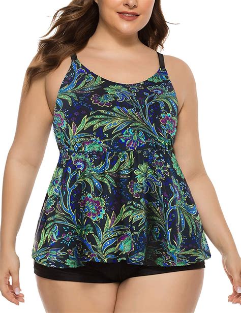 Firpearl Womens Tankini Swimsuits Top Modest Crew Neck Bathing Suit Top Us14 Green Floral