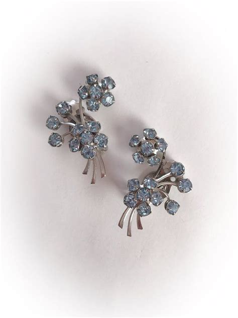Vintage Light Blue Rhinestone Flower Earrings Clip On Etsy Blue