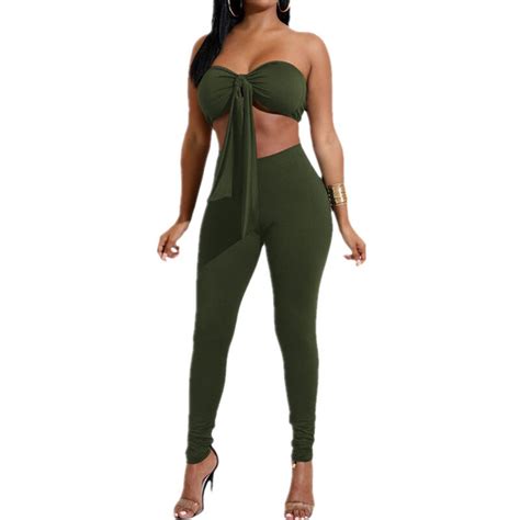 sexy lace up chest wrapped crop tops pants women 2 piece set 6 colors female casual nightclub