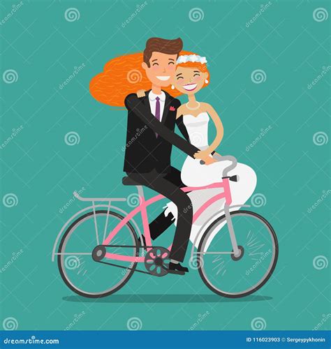 Happy Couple Or Newlyweds Bride And Groom Ride Bicycle Wedding