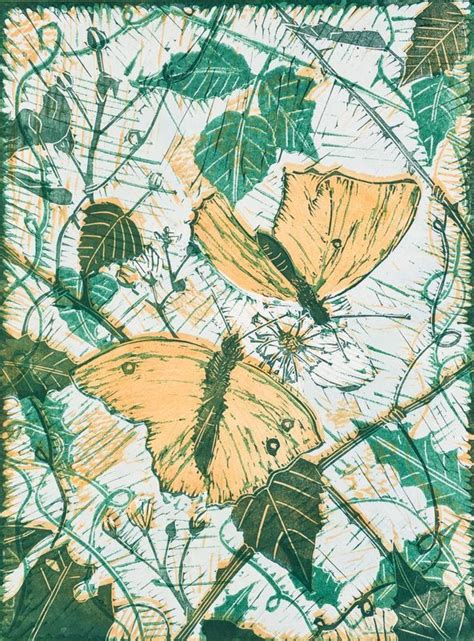 Two Butterflies On A Flower 2015 Linocut By Danielle