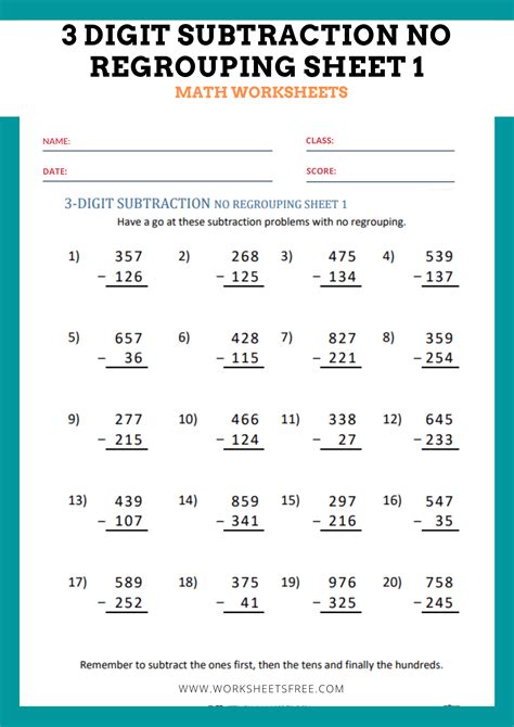 3 Digit Subtraction No Regrouping Sheet 1 Worksheets Free