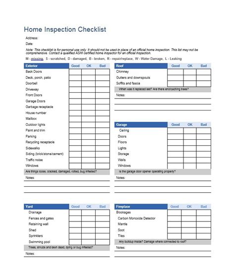 Printable Home Inspection Checklist Room