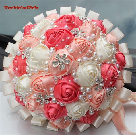 New Arrival Top Quality Coral Pink Ivory Satin Rose Bouquet Custom