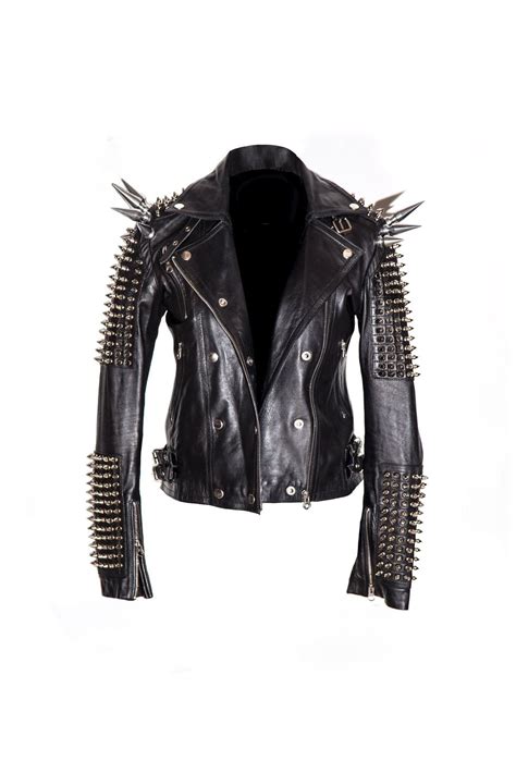 New Woman Black Long Spiked Studded Punk Rider Cowhide Leather Jacket