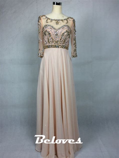 Chiffon Beaded Bodice Prom Dress With Illusion Long Sleeves · Beloves · Online Store Powered By