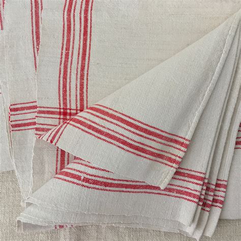 Red Stripe Tea Towel Linen Vintage Fabric Handmade Linen