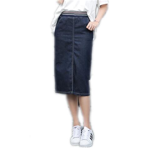 Women Elastic Waist Denim Dark Blue Skirts 2018 New Spring Summer Straight Knee Length Plus Size