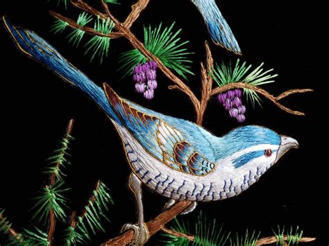 Embroidered Bird Wall Art Embroidered Blue Birds Needlepoint Bird