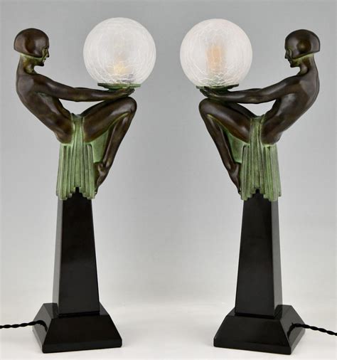 Pair Of Art Deco Style Table Lamp Seated Nude With Globe Max Le Verrier Enigma For Sale At Stdibs