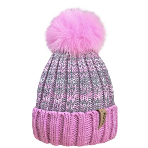 Ladies Womens Winter Knitted Beanie Ski Hat Detachable Faux Fur Bobble