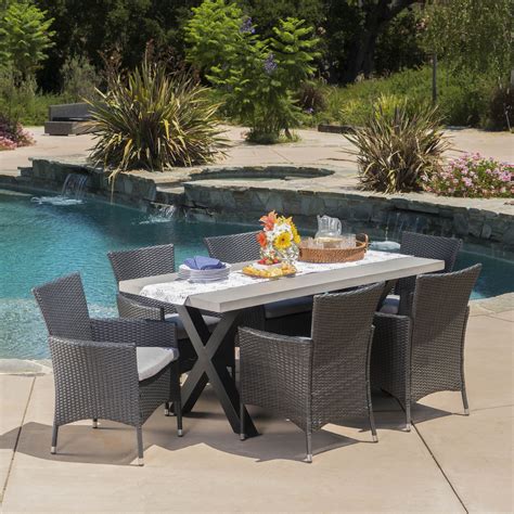 Shiloh Outdoor 7 Piece Dining Set with Concrete Rectangular Table and ...
