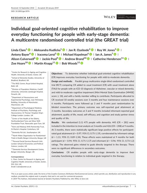 Pdf Individual Goal‐oriented Cognitive Rehabilitation To Improve
