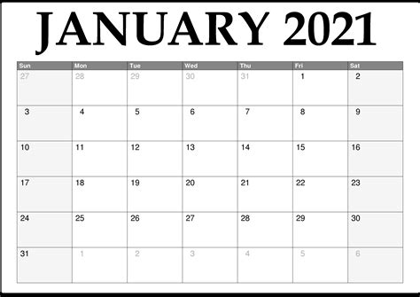 January 2021 Calendar Template Calendar Printables Printable