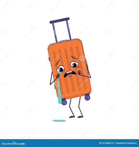 Cute Character Of Vacation Suitcases With Crying And Tears Emotions
