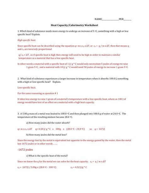 Heat And Heat Transfer Worksheet Answers