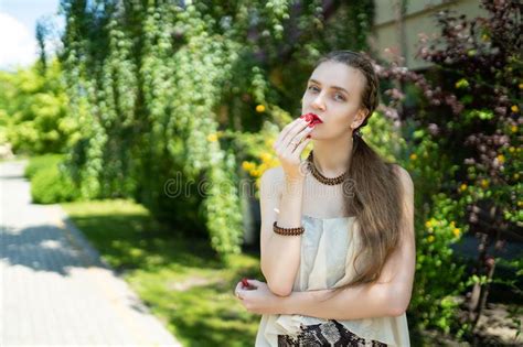 Girl Seductive Eats Strawberries Stock Image Image Of Makeup Lady