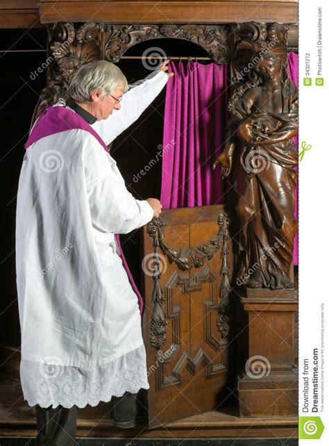Priest Entering Confession Booth Stock Photo Image Of Catholic