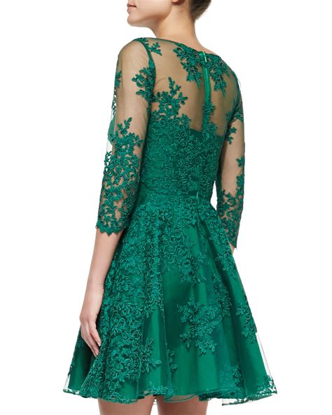 Ml Monique Lhuillier 3 4 Sleeve Lace Illusion Cocktail Dress In Green Lyst