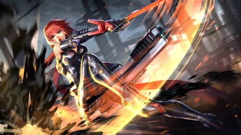 Download 2304x1296 Anime Girl Fighting Sci Fi Sword