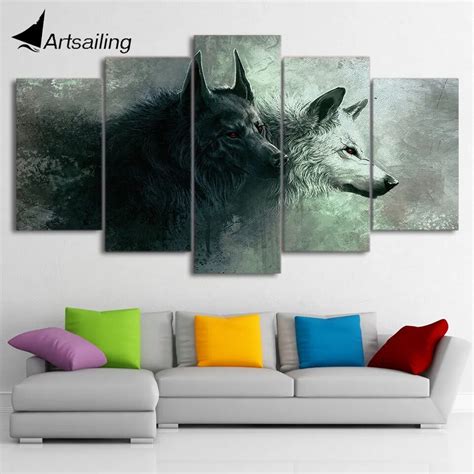 Hd Printed 5 Piece Canvas Art Abstract Red Eyes Two Wolf Wolves Canvas