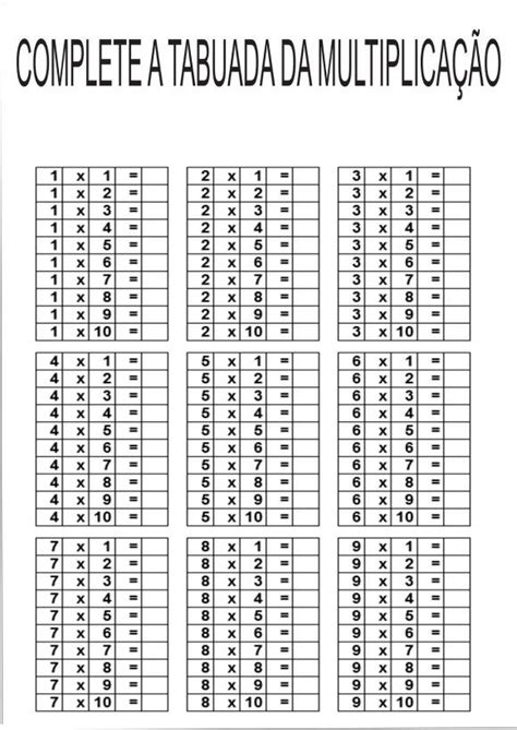 15 Tabuadas De Multiplicação Do 1 Ao 10 Para Imprimir Completa
