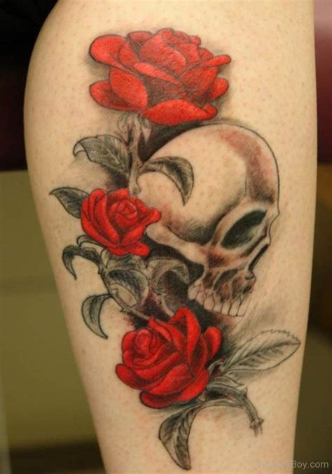 Skull And Rose Tattoo On Thigh Tattoos Designs