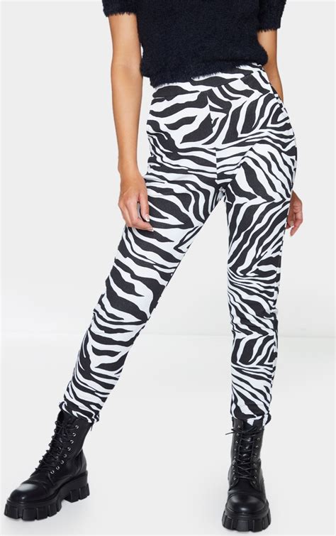 Black Zebra Print Skinny Trousers Trousers Prettylittlething Ca