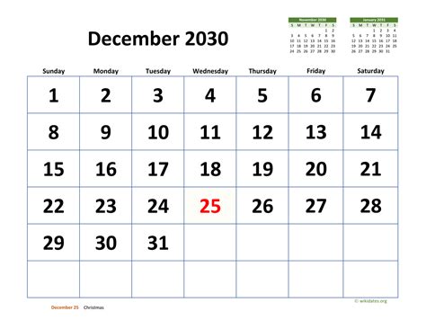 December 2030 Calendar With Extra Large Dates