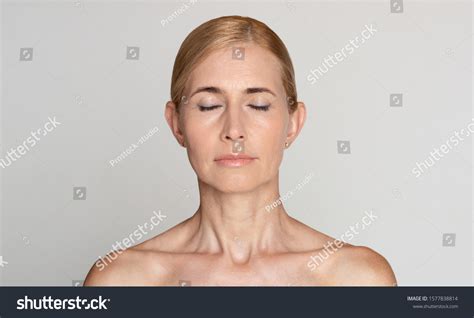 Beautiful Middleaged Woman Bare Shoulders Closed Stock Photo 1577838814