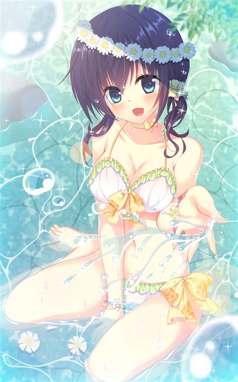 Wallpaper Illustration Anime Girls Blue Eyes Water Cartoon Black Hair Cleavage Wet