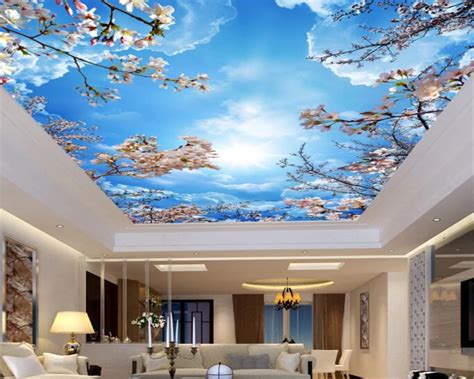 Beibehang Custom 3d Blue Sky White Clouds Cherry Ceiling Roof Murals