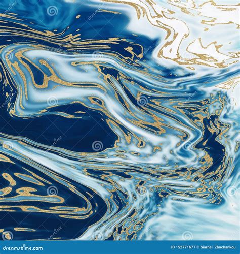 Set Liquid Marble Texture Blue And Golden Glitter Ink Painting
