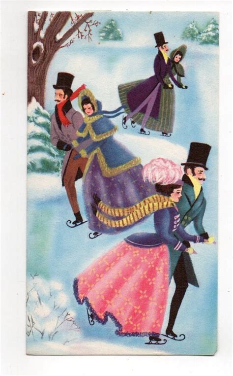 Vintage Christmas Greeting Card Victorian Couple Ice Skating Vintage Christmas Cards Vintage