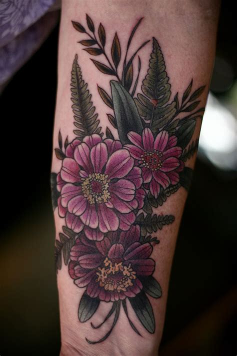 Zinnias And Ferns By Alice Kendall Tatoo Floral Floral Tattoo Sleeve