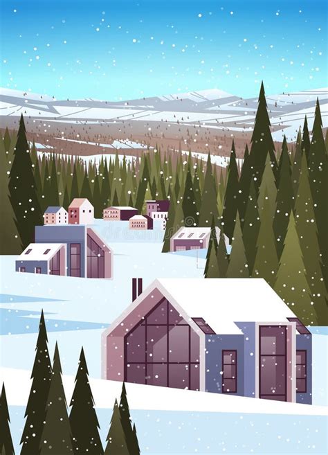 Snow Covered Houses In Winter Season Residential Houses Area Ski Resort