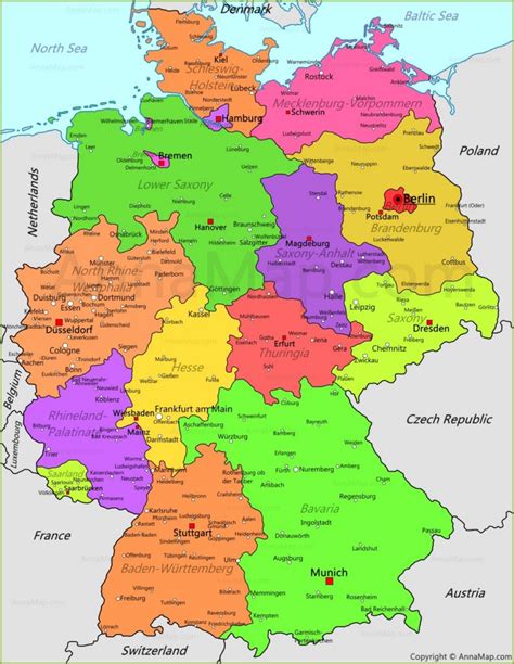 Physical map of germany showing major cities, terrain, national parks, rivers, and surrounding countries with international borders and outline maps. Germany Map | Germany political map - AnnaMap.com
