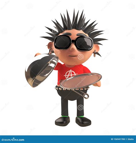 3d Punk Rock Cartoon Character Holding A Silver Service Tray And Lid