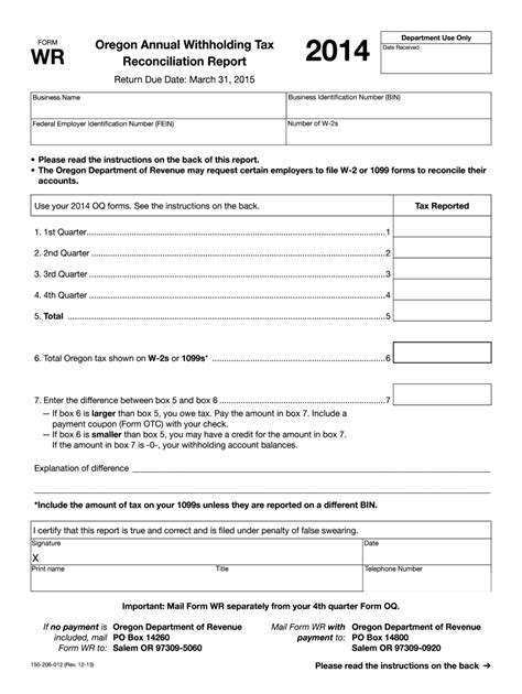 Form Or Wr Oregon Annual Withholding Tax Reconciliation Report Fill