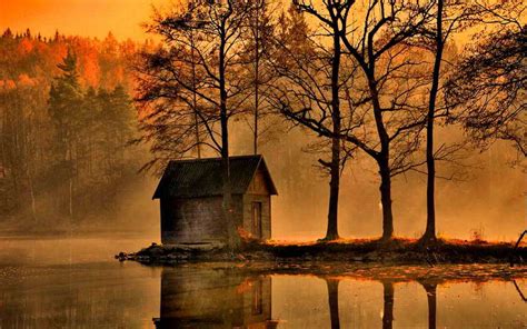 Lonely Cabin Morning Mist Scenery Lake House Photo