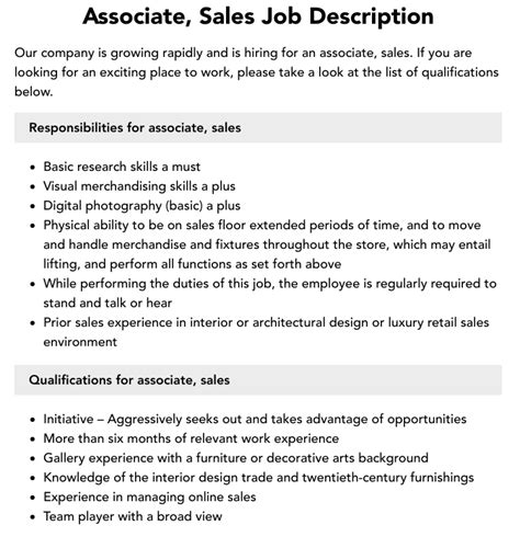 Associate Sales Job Description Velvet Jobs