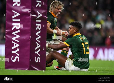 Faf De Klerk Of South Africa And Canan Moodie Of South Africa Celebrate